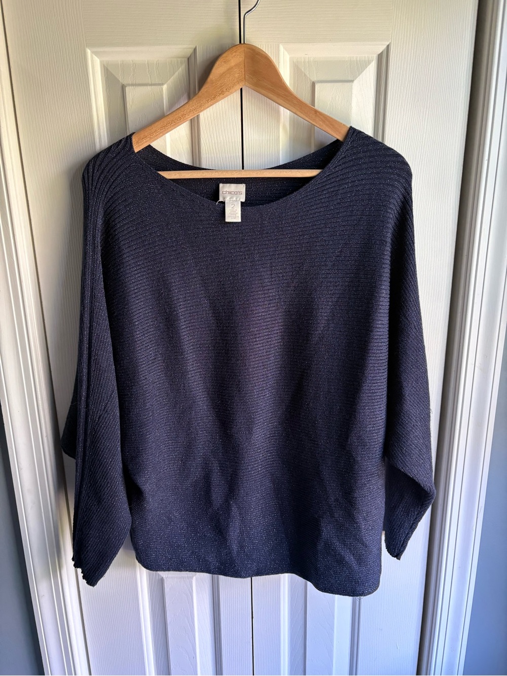 Chicos Navy Blue Metallic Ribbed Dolman Sleeve Sweater Top Size 2 (Large)